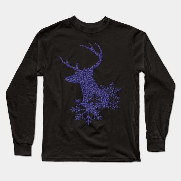 Christmas Snowflake Pattern Dark Blue Deer Long Sleeve T-Shirt by Atteestude